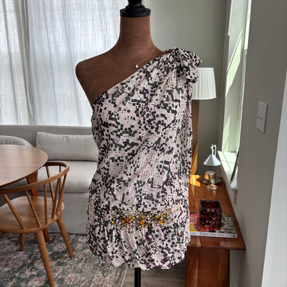 2000s Etcetera 100% Silk One Shoulder Top Embellished Drop‎ Waist Y2K Size 10
